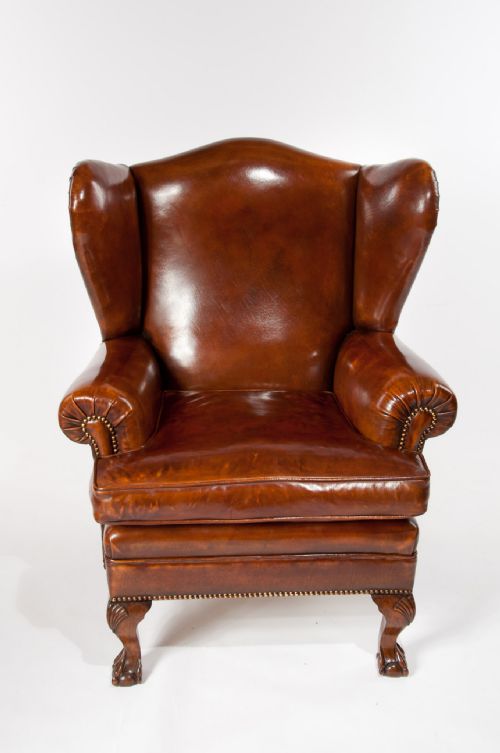 fig 6. Pair of Walnut Leather Wing Chairs 19thC
