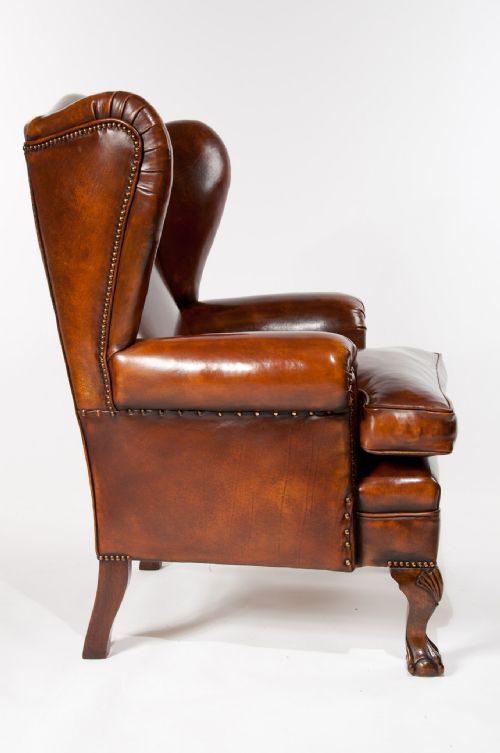 fig 7. Pair of Walnut Leather Wing Chairs 19thC