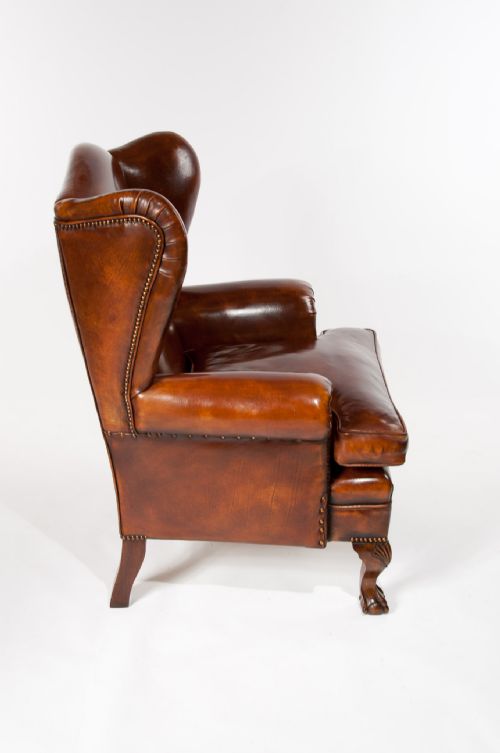 fig 8. Pair of Walnut Leather Wing Chairs 19thC