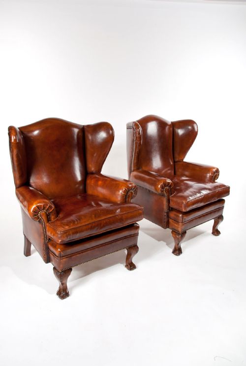 fig 10. Pair of Walnut Leather Wing Chairs 19thC