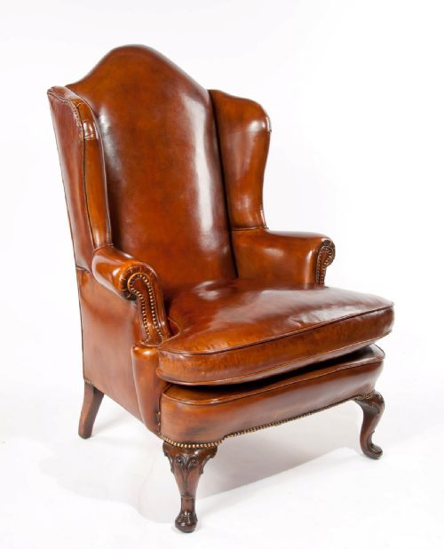 Superb Antique Walnut Leather Wing Back Armchair Mid 19th Century