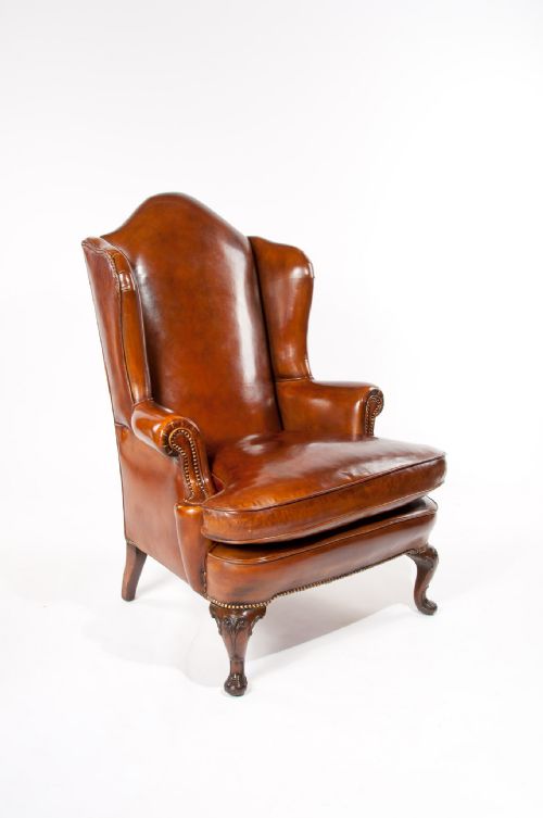 fig 1. Superb Antique Walnut Leather Wing Back Armchair mid 19th Century