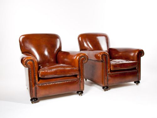 fig 1. Quality Pair Antique Leather Club Armchairs