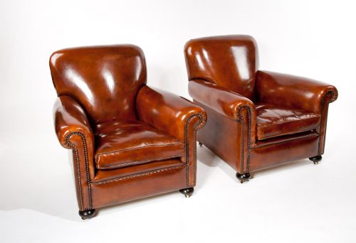 fig 2. Quality Pair Antique Leather Club Armchairs