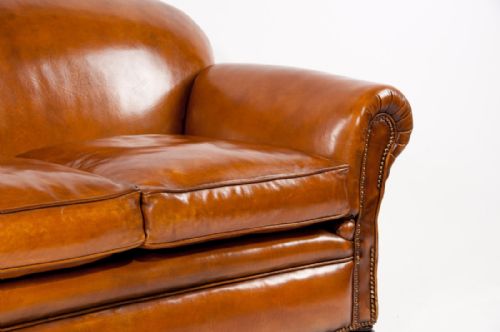 fig 2. A Quality Edwardian Drop Arm Tan Leather Sofa