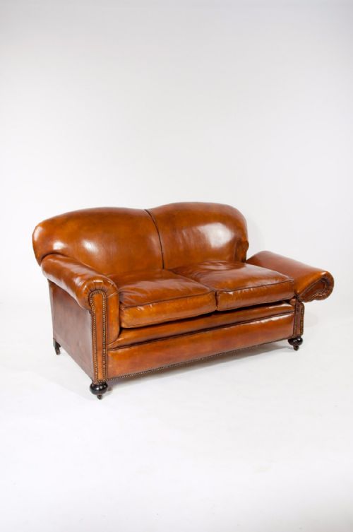fig 4. A Quality Edwardian Drop Arm Tan Leather Sofa