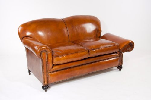 fig 9. A Quality Edwardian Drop Arm Tan Leather Sofa