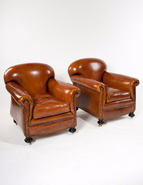Quality Pair Antique Leather Club Armchairs