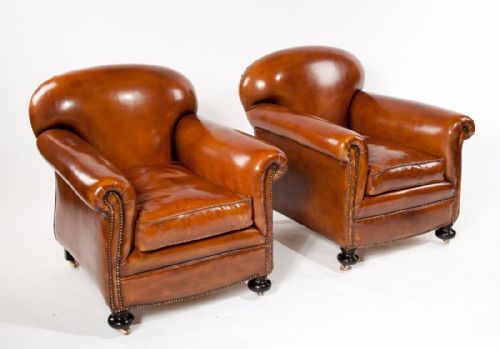 fig 1. Quality Pair Antique Leather Club Armchairs