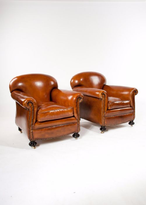 fig 3. Quality Pair Antique Leather Club Armchairs