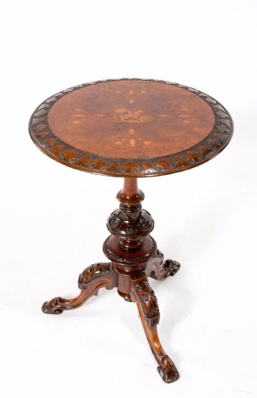Quality Irish Victorian Inlaid Walnut Tripod Occasional Table