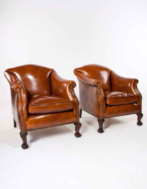 Stunning Pair of Antique Leather Armchairs