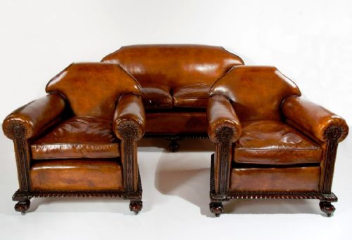 fig 1. MAGNIFICENT VICTORIAN LEATHER SOFA AND CHAIRS 3 PIECE SUITE