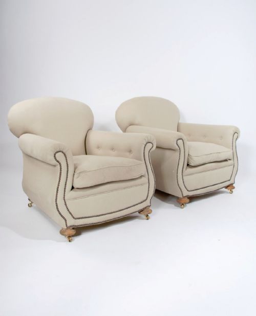 Pair of Victorian Linen Upholstered Club Armchairs