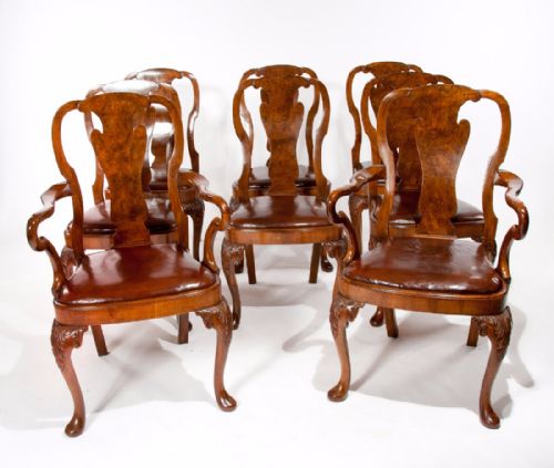 Fine Set of 8 Burr Walnut Qa Dining Chairs