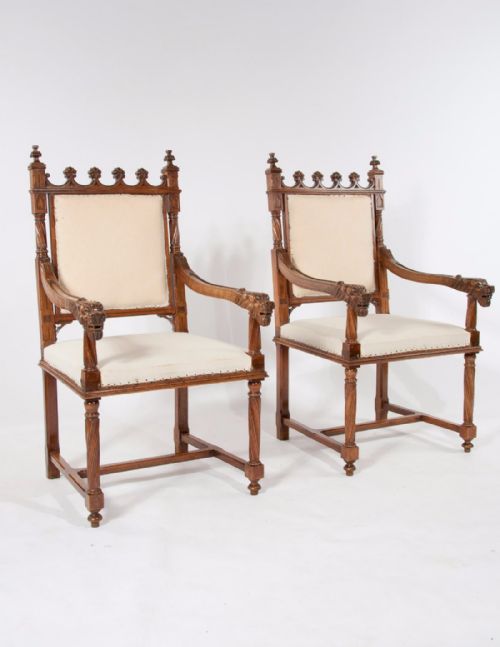 Fine Pair of Antique Walnut Gothic Armchairs