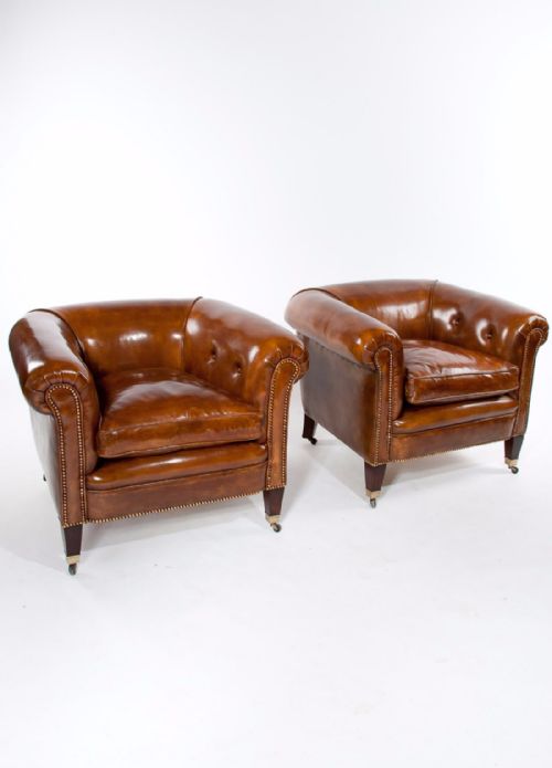 Quality Pair of Antique Leather Tub Armchairs