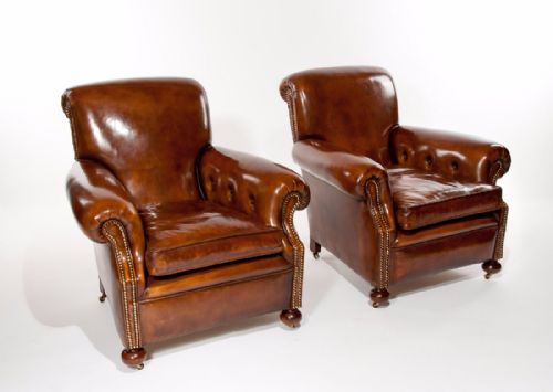 fig 1. Fine Pair Of Antique Leather Club Armchairs
