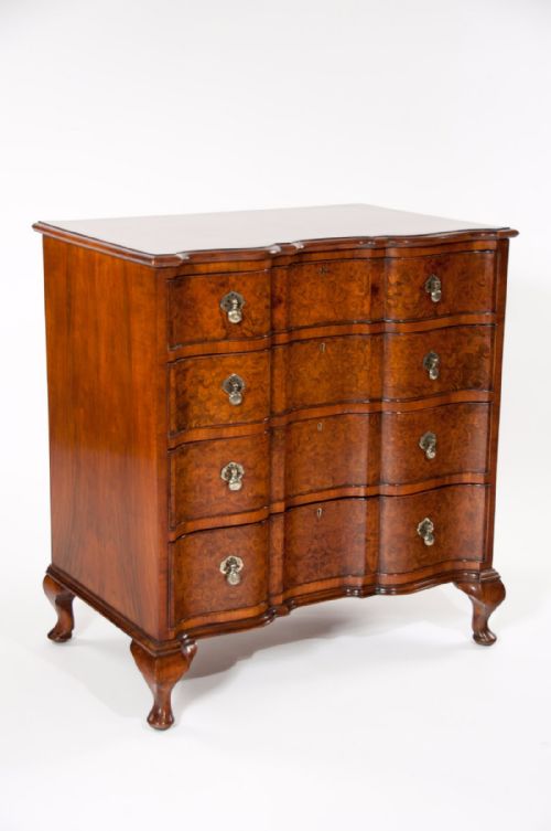 Fine Burr Walnut Shaped Front Chest of Drawers