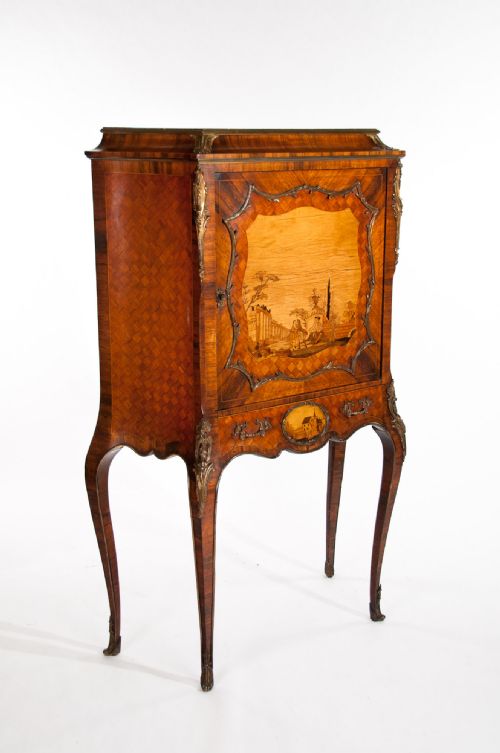 fig 1. Extremely Fine Shaped 19th C French Marble Topped Marquetry Cabinet