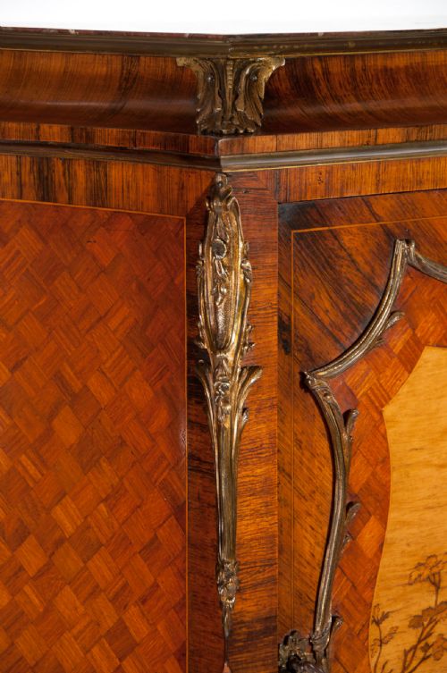 fig 2. Extremely Fine Shaped 19th C French Marble Topped Marquetry Cabinet