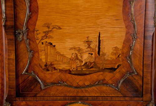 fig 8. Extremely Fine Shaped 19th C French Marble Topped Marquetry Cabinet