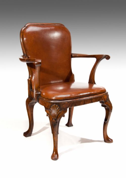 Good Quality Walnut Antique Leather Shepherd's Crook Armchair