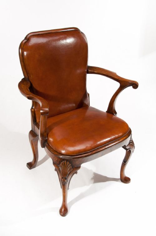 fig 2. Good Quality Walnut Antique Leather Shepherd's Crook Armchair