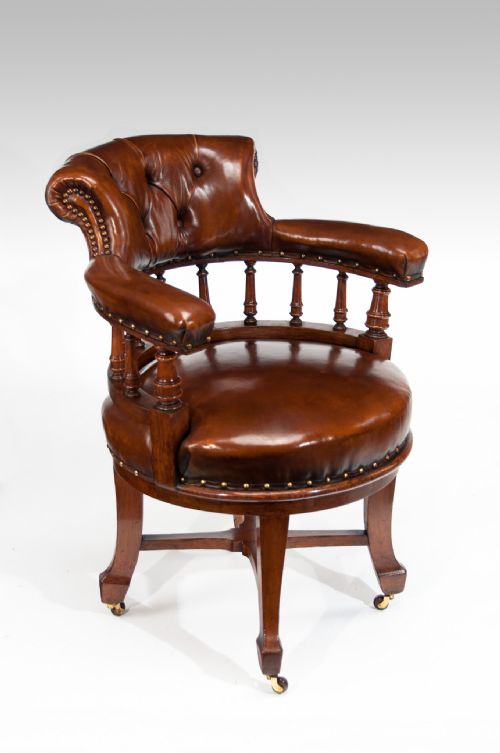 S&h Jewell Victorian Oak and Leather Revolving Desk Chair