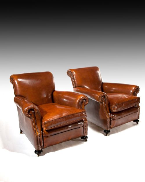 Fine Pair of Antique Leather Club Armchairs
