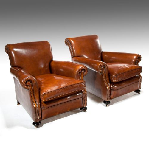 fig 1. Fine Pair Of Antique Leather Club Armchairs