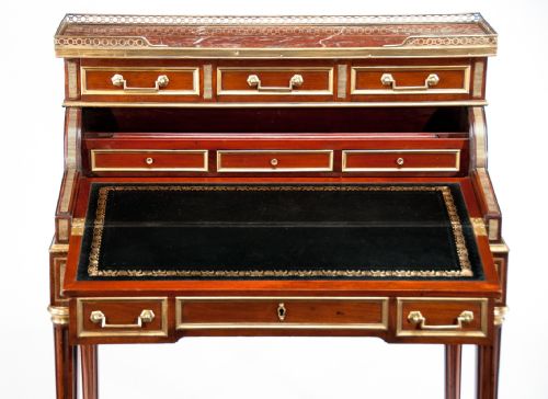 fig 1. Fine Louis XVI Style Mahogany and Brass Tambour Ladies Writing Desk