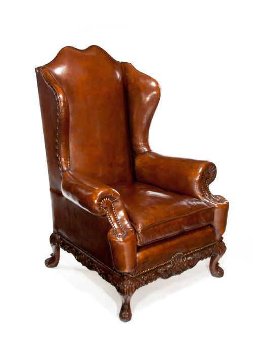 fig 1. A Quality Walnut Leather Upholstered Wing Chair