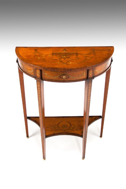 Extremely Fine Marquetry Satinwood Demi Lune Console Table by  Hampton & Sons of Pall Mall London.