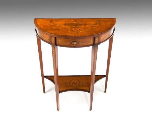 fig 1. Extremely Fine Marquetry Satinwood Demi Lune Console Table by Hampton & Sons of Pall Mall London.