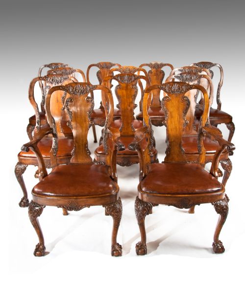 Set of 12 (10 + 2) Antique Walnut Leather Upholstered Dining Chairs
