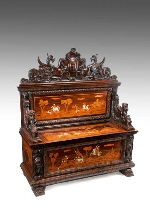 Fine 19th Century Northern Italian Marquetry Cassapanca or Hall Bench