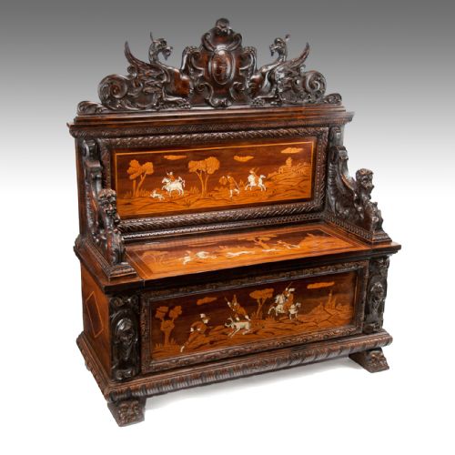 fig 1. Fine 19th Century Northern Italian Marquetry Cassapanca or Hall Bench 
