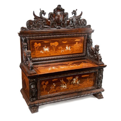 fig 2. Fine 19th Century Northern Italian Marquetry Cassapanca or Hall Bench 