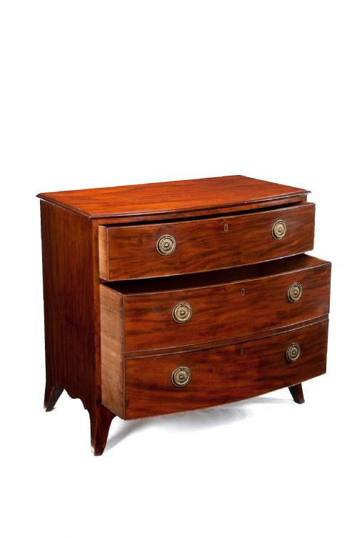 fig 1. Antique Georgian Bow Front Chest Having an Unusual Drawer Formation
