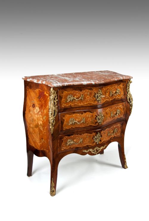 fig 1. Fine French Louis XV Style Inlaid Bombe Marble Topped Commode