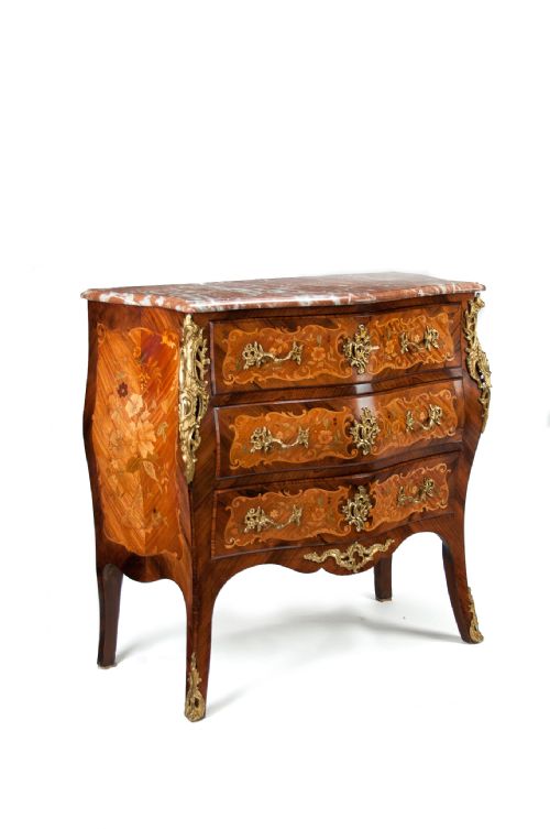 fig 2. Fine French Louis XV Style Inlaid Bombe Marble Topped Commode
