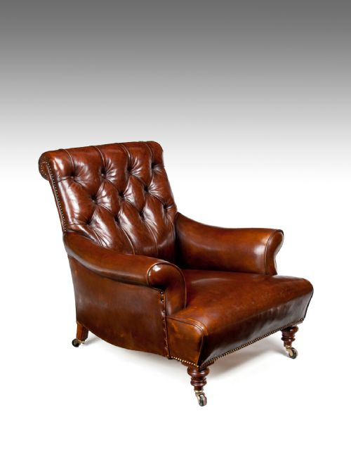19th Century Victorian Walnut Leather Armchair Shoolbred