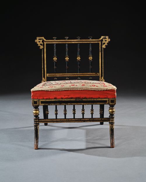 fig 1. Superb Aesthetic Movement Ebonised Slipper Chair With Original Needle Work Upholstery
