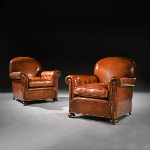 Antique Pair of Edwardian Leather Upholstered Club Chairs
