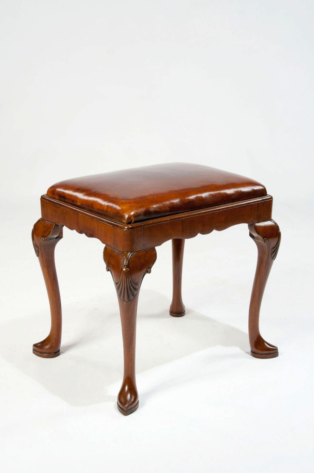 Antique Walnut Cabriole Leg Leather Stool