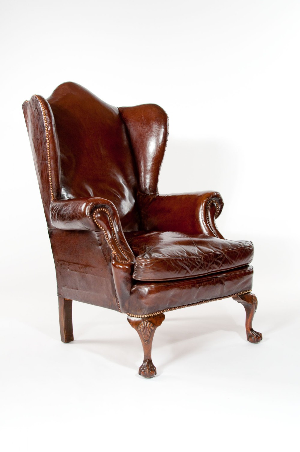 Quality Antique Walnut Leather Wing Chair 