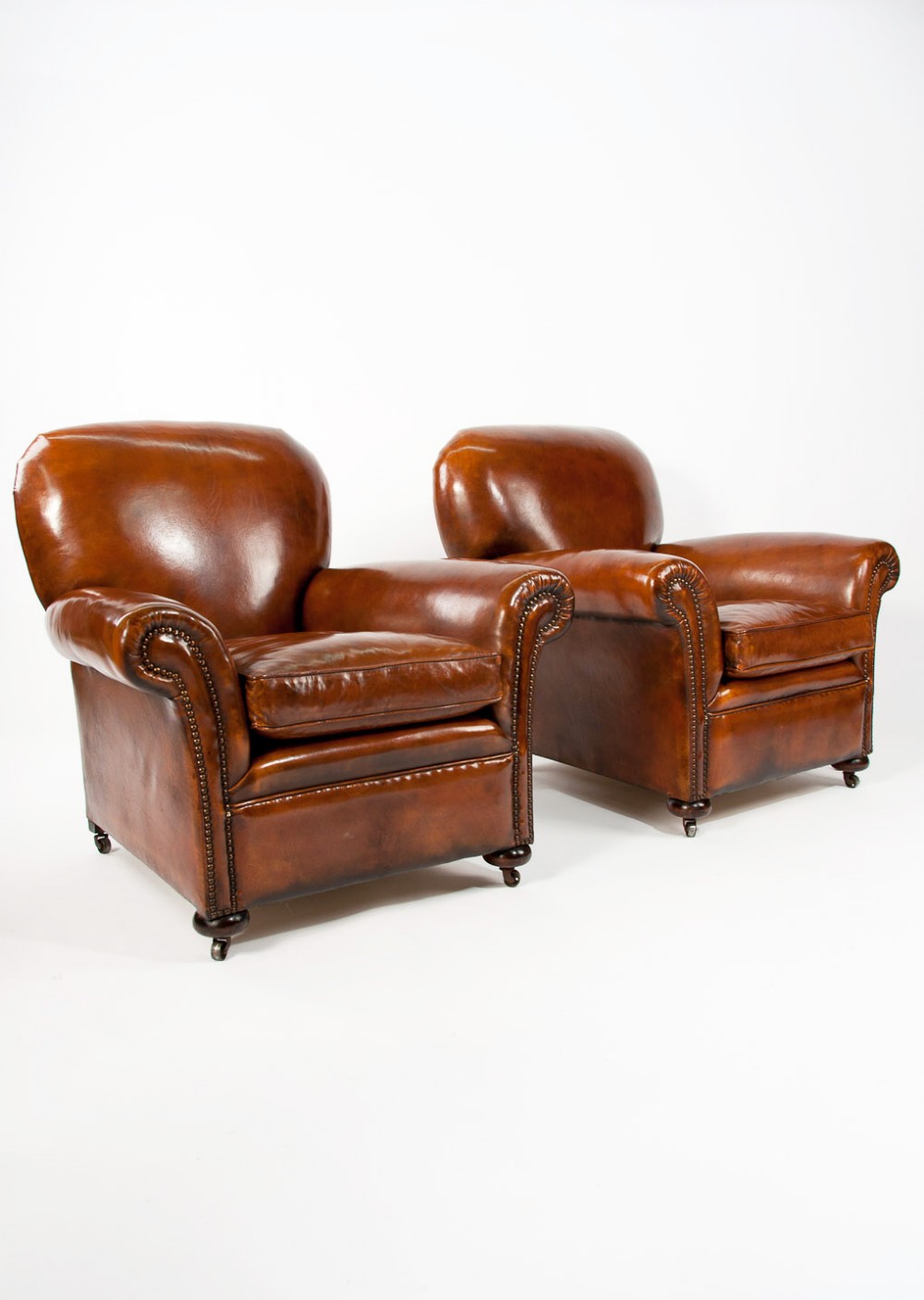 Quality Pair Antique Leather Club Armchairs