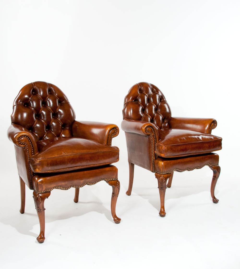 A Pair of Antique Leather Walnut Armchairs