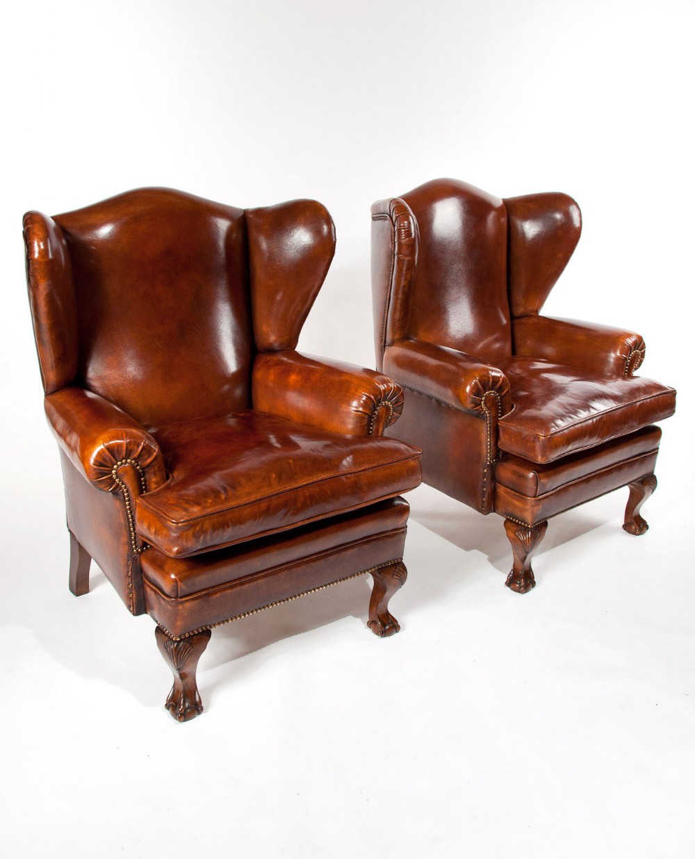 Pair of Walnut Leather Wing Chairs 19thC